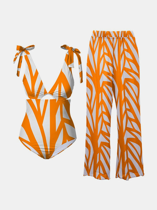 Printed Tie Shoulder Swimsuit and Pants Sets