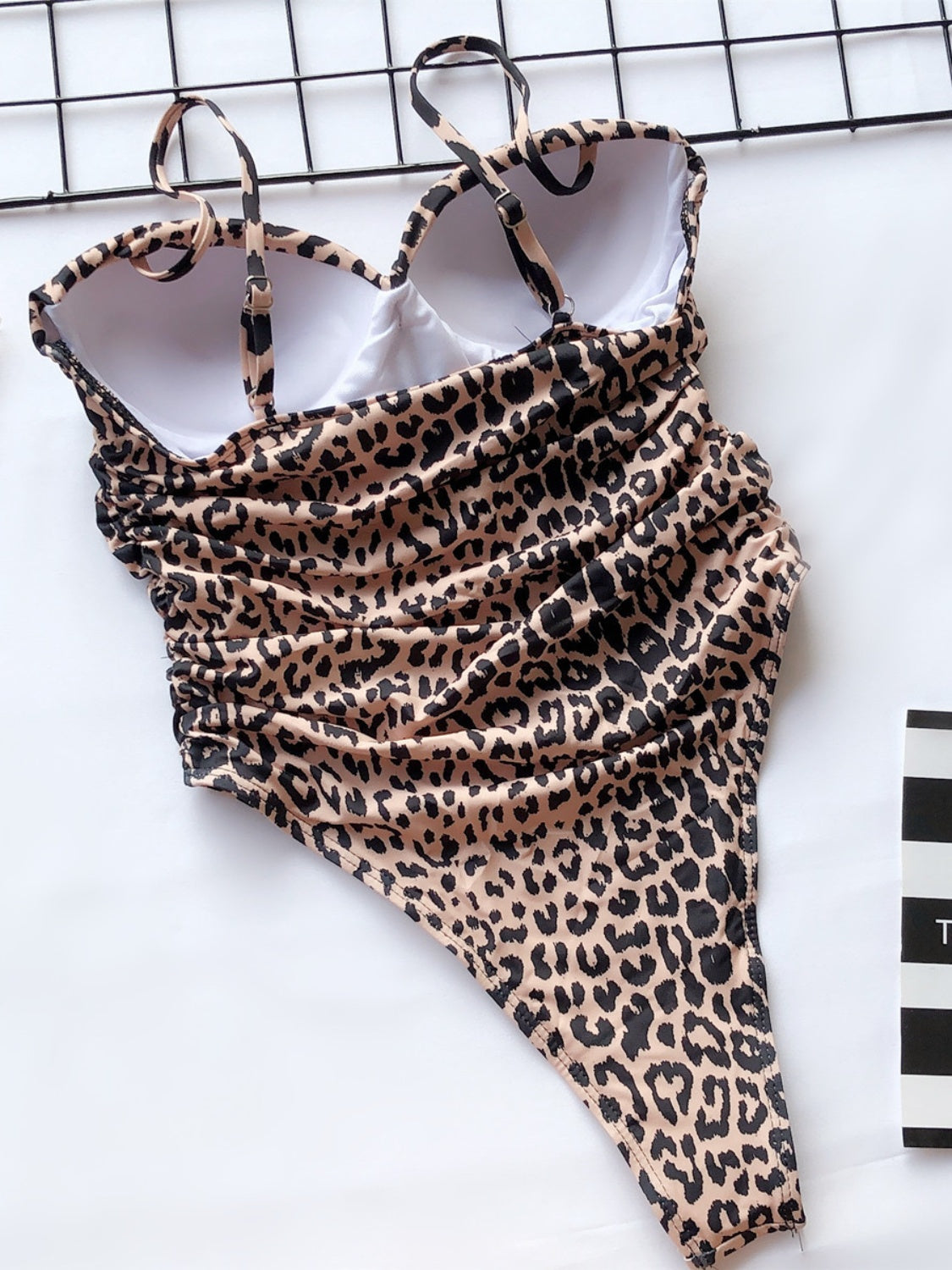 Ruched Leopard Spaghetti Strap One-Piece Swimsuit