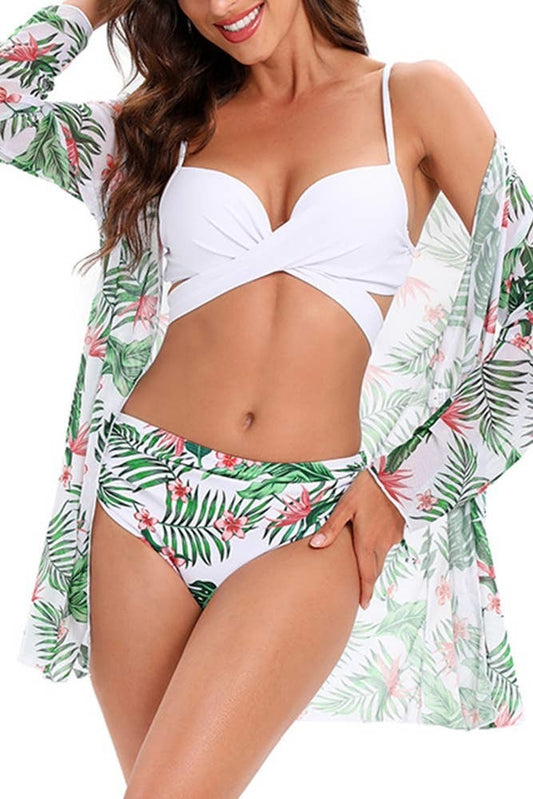 UNISHE - Leaf & Flower Print 3pcs Swimwear Bikini Set