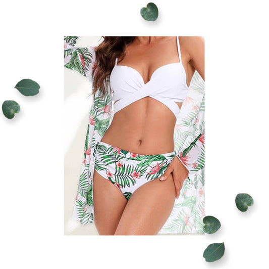 Leaf and Flower Print 3 pcs  Swimwear Bikini