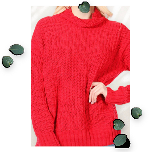 Fire Red Thick Velour Funnel Neck Sweater