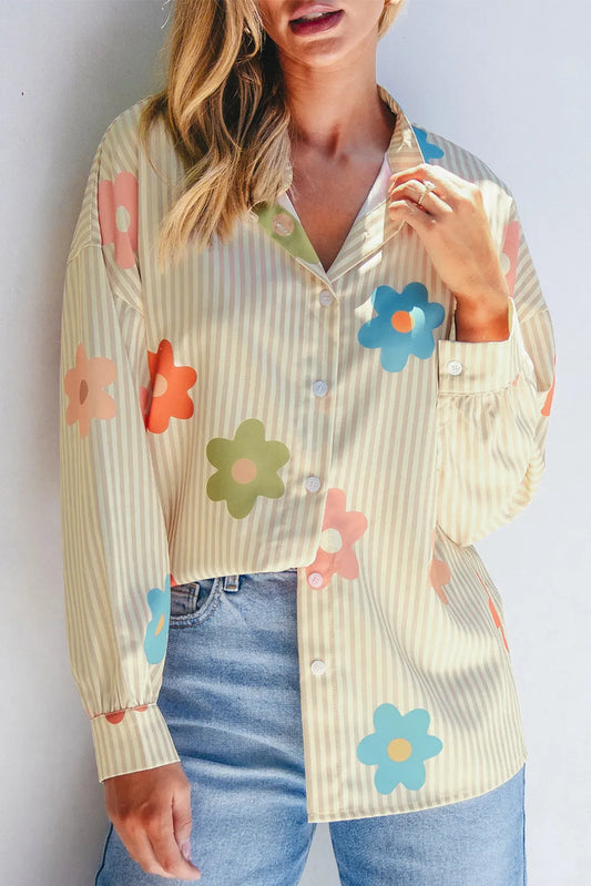 Striped Flower Button Up Long Sleeve Shirt