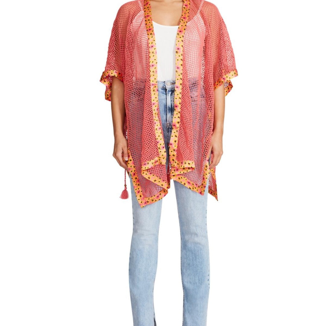 Steve Madden Women's Open Wave Mesh Pink Boarder Kimono