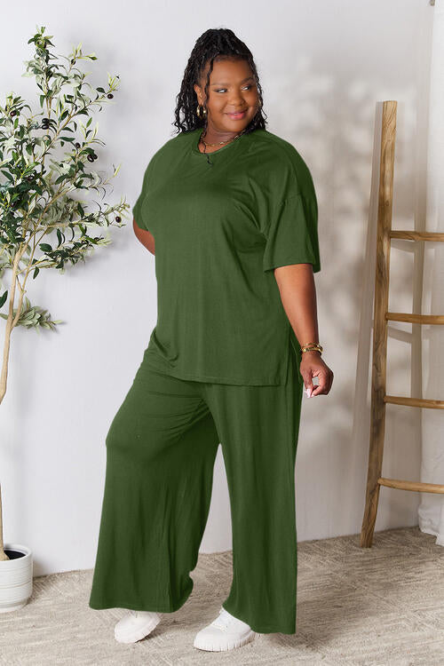 Double Take Full Size Round Neck Slit Top and Pants