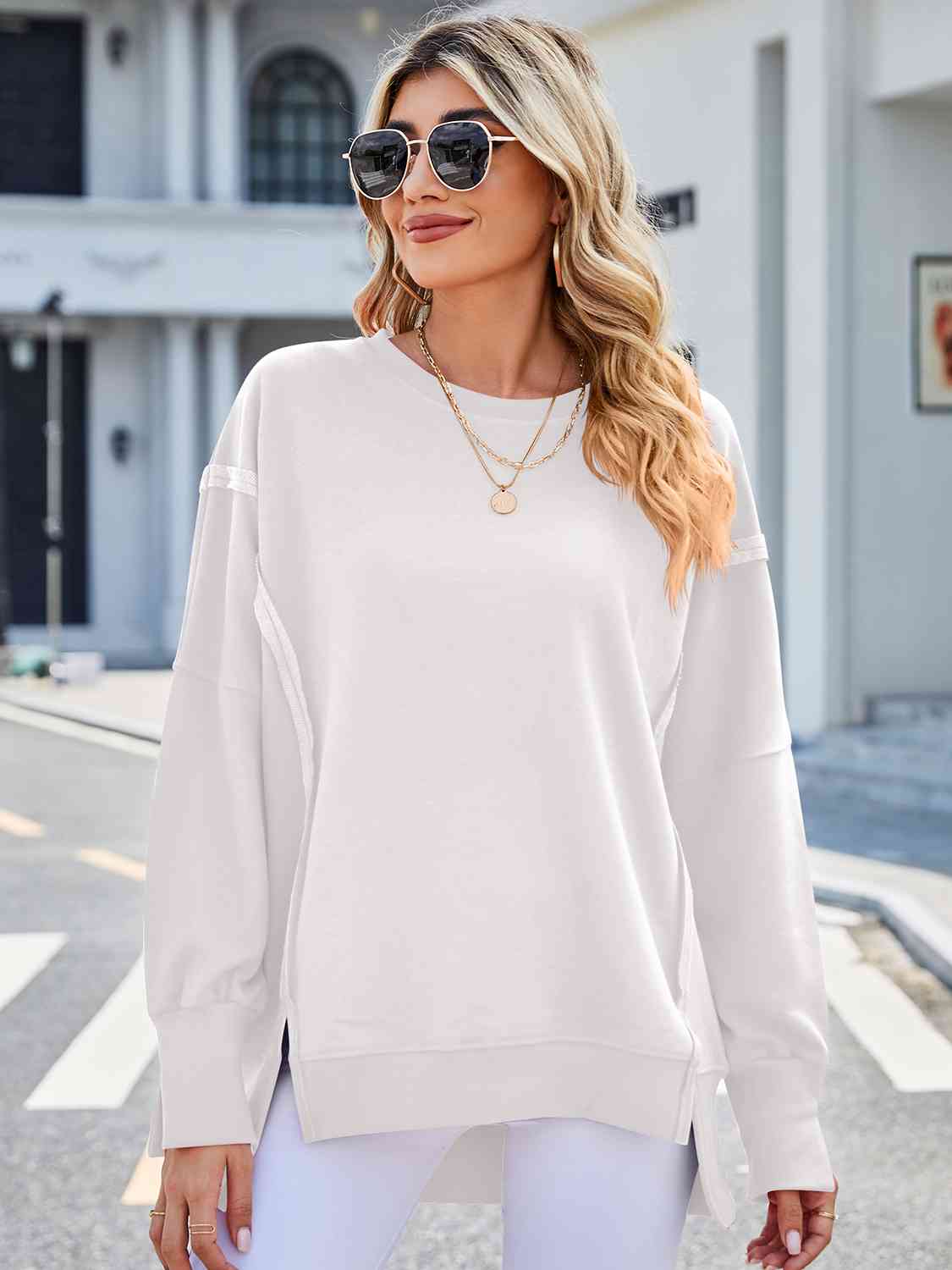 Exposed Seam High-Low Round Neck Sweatshirt