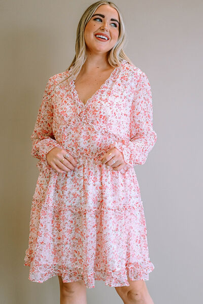 Plus Size Floral V-Neck Frill Long Sleeve Dress