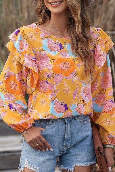 Floral Print Ruffle Puff Sleeve Blouse