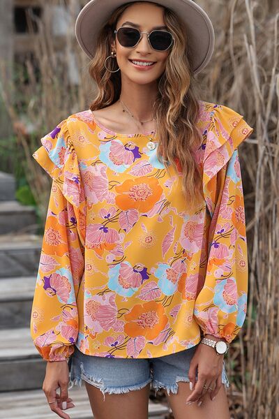 Floral Print Ruffle Puff Sleeve Blouse