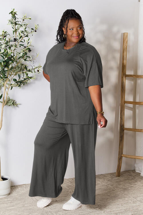 Double Take Full Size Round Neck Slit Top and Pants