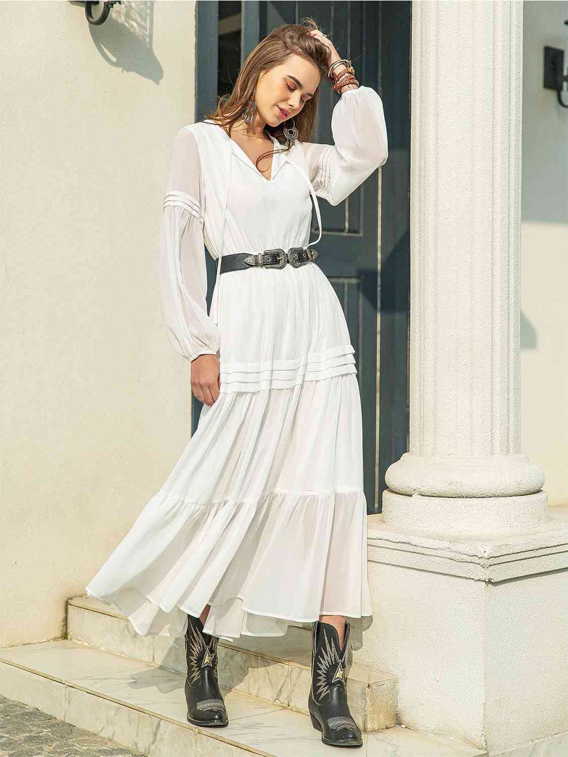 Tie Neck Balloon Sleeve Tiered Dress