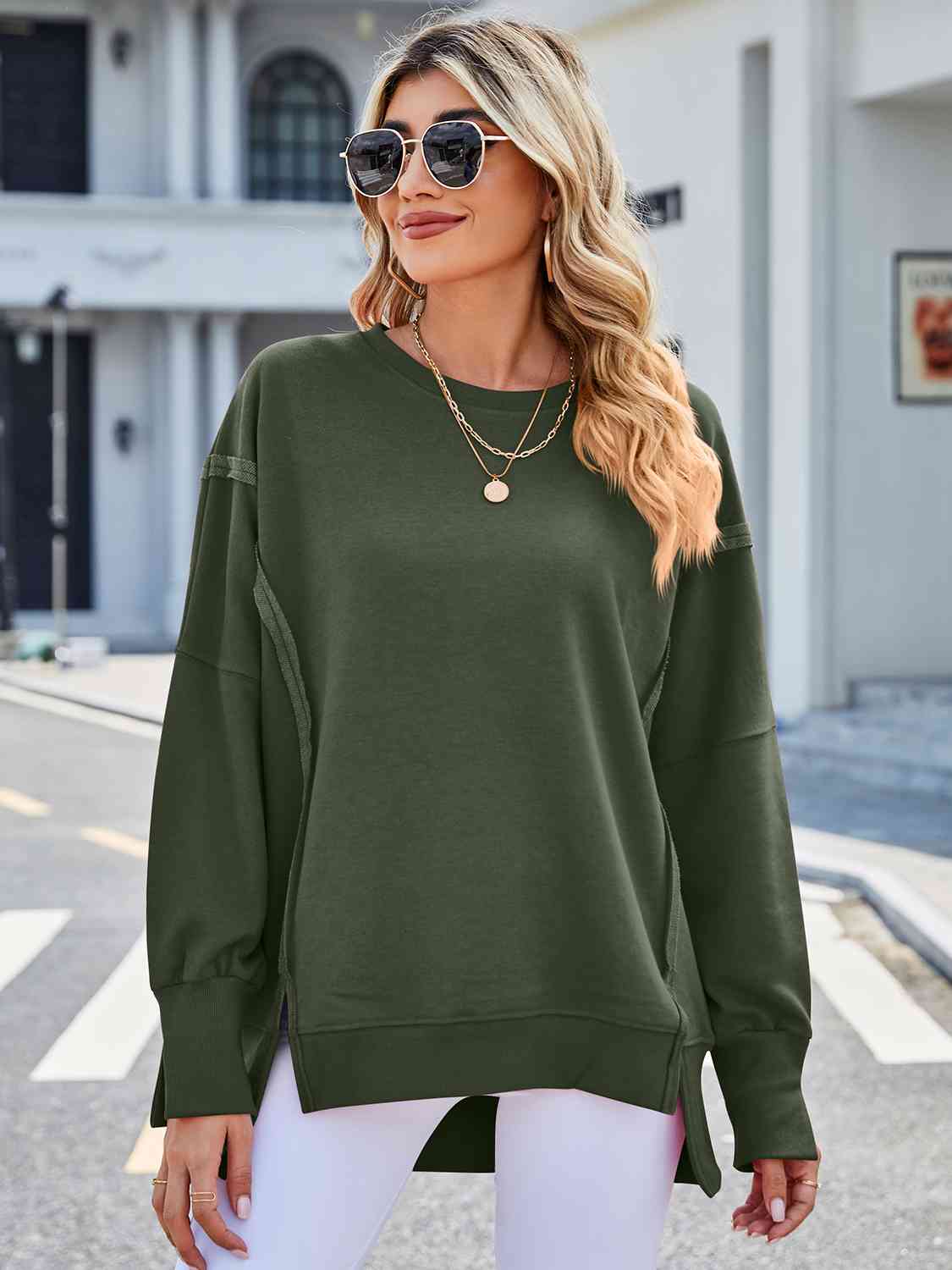 Exposed Seam High-Low Round Neck Sweatshirt