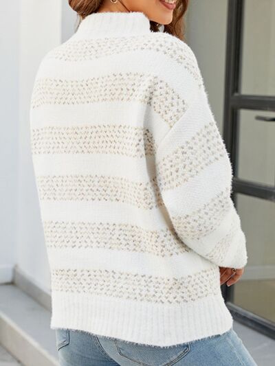 Striped Mock Neck Dropped Shoulder Sweater