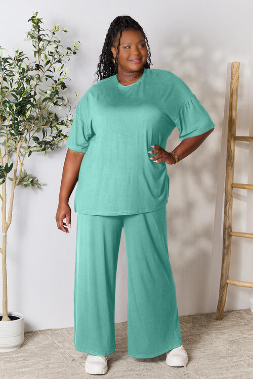 Double Take Full Size Round Neck Slit Top and Pants