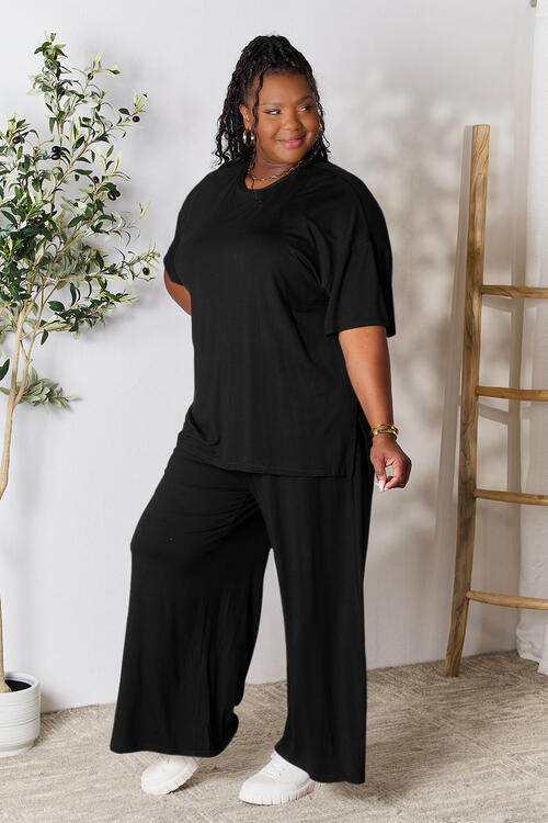 Double Take Full Size Round Neck Slit Top and Pants