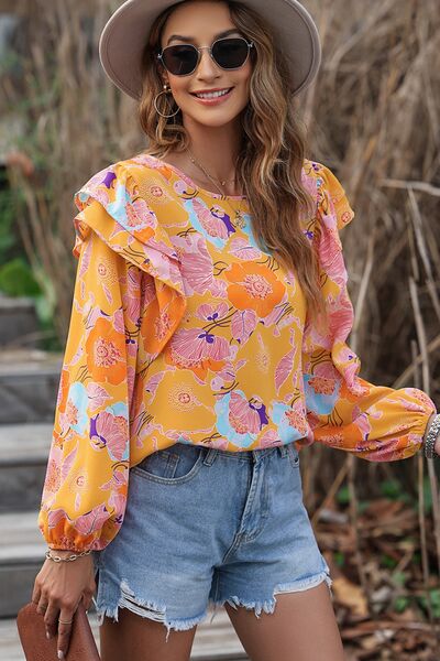 Floral Print Ruffle Puff Sleeve Blouse