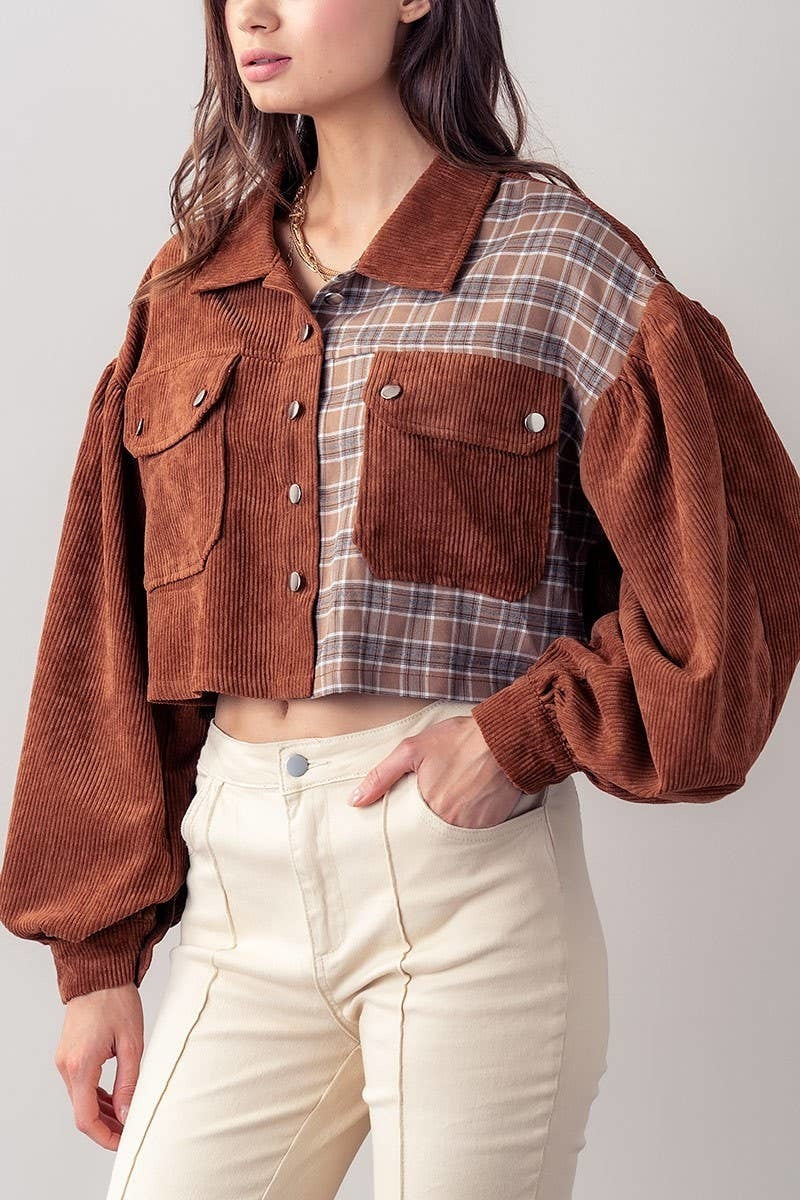 Urban Daizy - TWO TONE CORDUROY PLAID DROP SHOULDER CROP JACKET