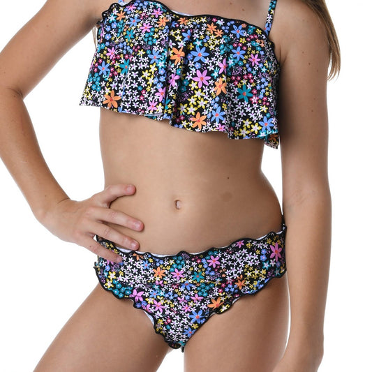 Hobie Girls' Flounce Bralette Bikini Top & Hipster Bottom Swimsuit Set, Black//Dainty Ditsy