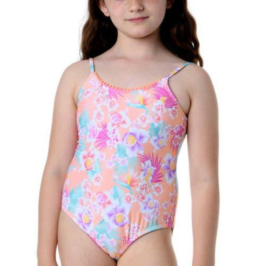 Hobie Kids' Island One-Piece Swimsuit in Neon Orange Washed
