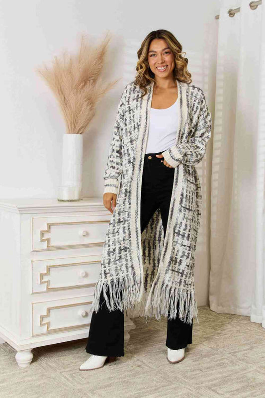 Full Size Fringe Hem Open Front Cardigan