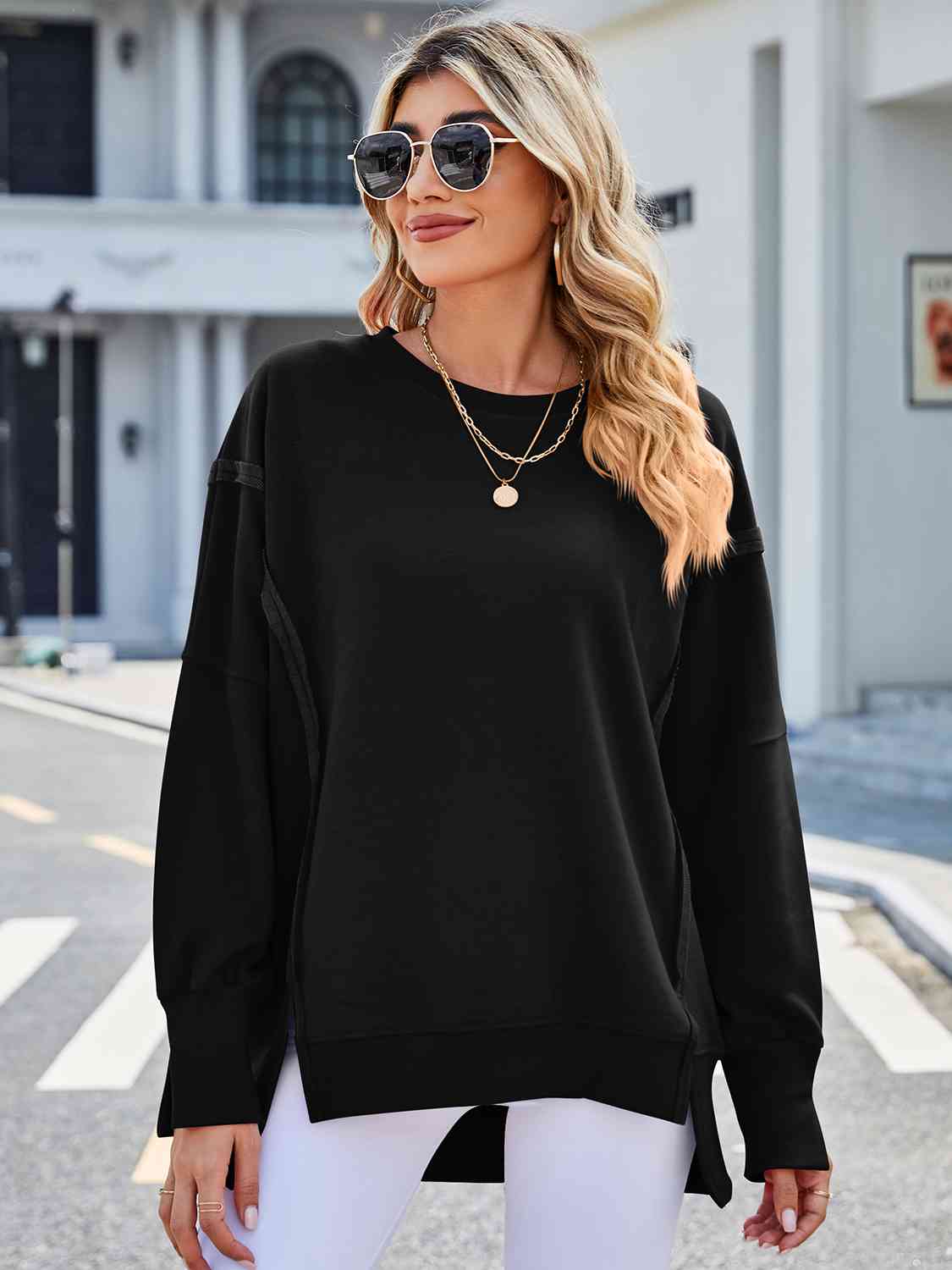 Exposed Seam High-Low Round Neck Sweatshirt