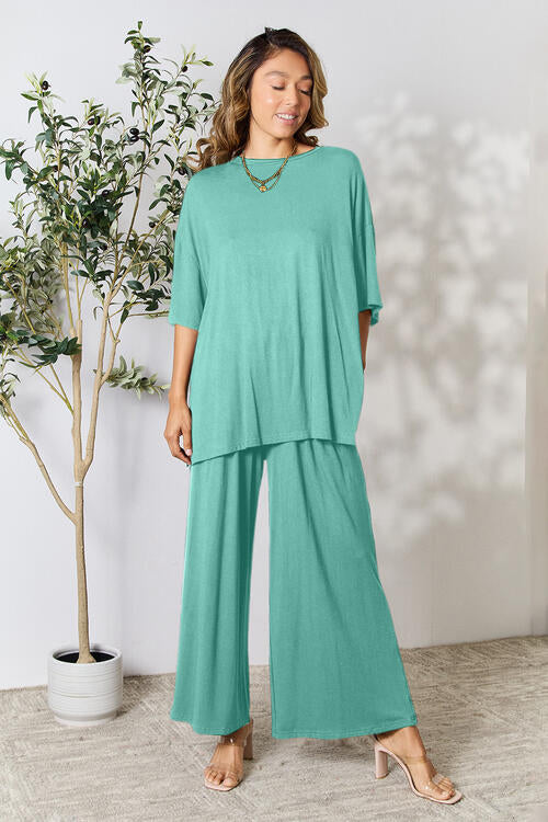 Double Take Full Size Round Neck Slit Top and Pants