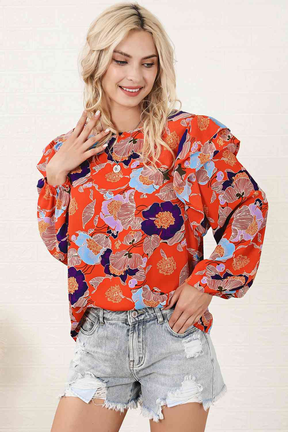 Floral Print Ruffle Puff Sleeve Blouse