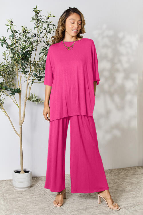 Double Take Full Size Round Neck Slit Top and Pants