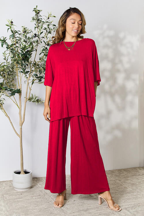 Double Take Full Size Round Neck Slit Top and Pants