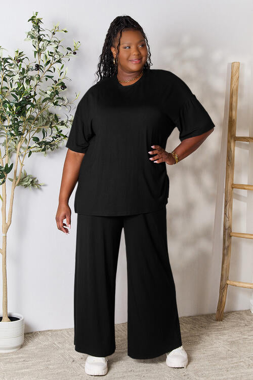 Double Take Full Size Round Neck Slit Top and Pants