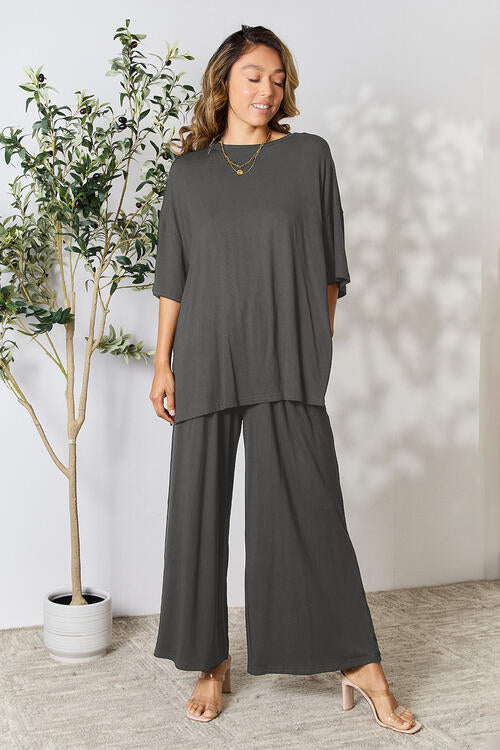 Double Take Full Size Round Neck Slit Top and Pants