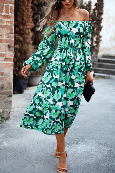 Printed Balloon Sleeve Pocketed Midi Dress