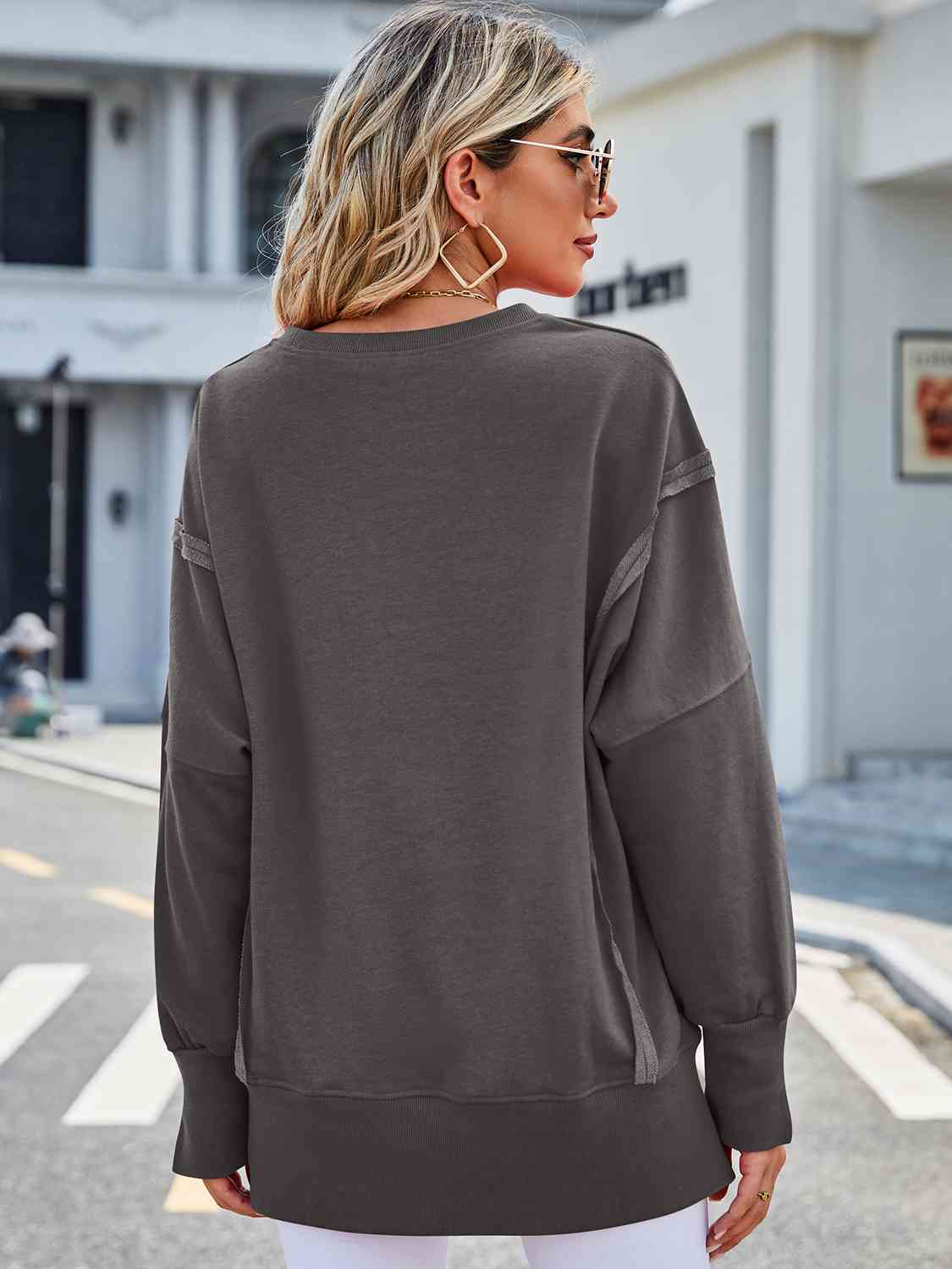 Exposed Seam High-Low Round Neck Sweatshirt