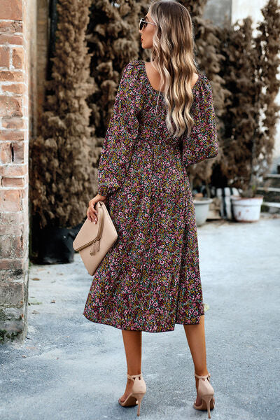 Printed Balloon Sleeve Pocketed Midi Dress