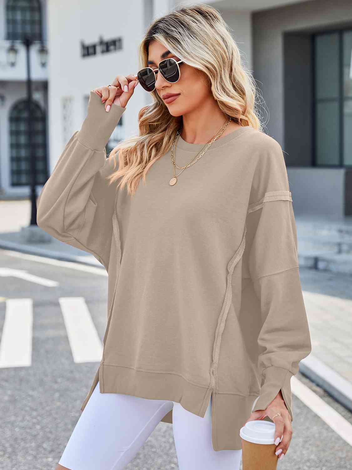 Exposed Seam High-Low Round Neck Sweatshirt