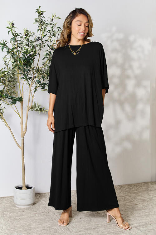 Double Take Full Size Round Neck Slit Top and Pants