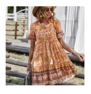 Boho Yellow Floral High Waist Dress