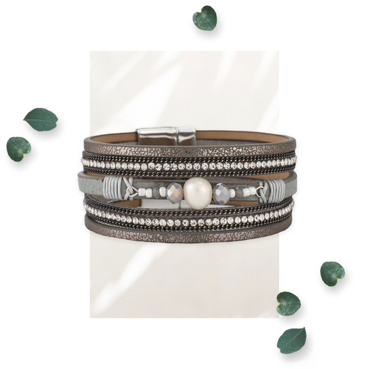 Crystal and Stones Grey Leather Bracelets